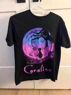 Hot Topic Coraline Black Graphic Tee with Purple and Blue Moon